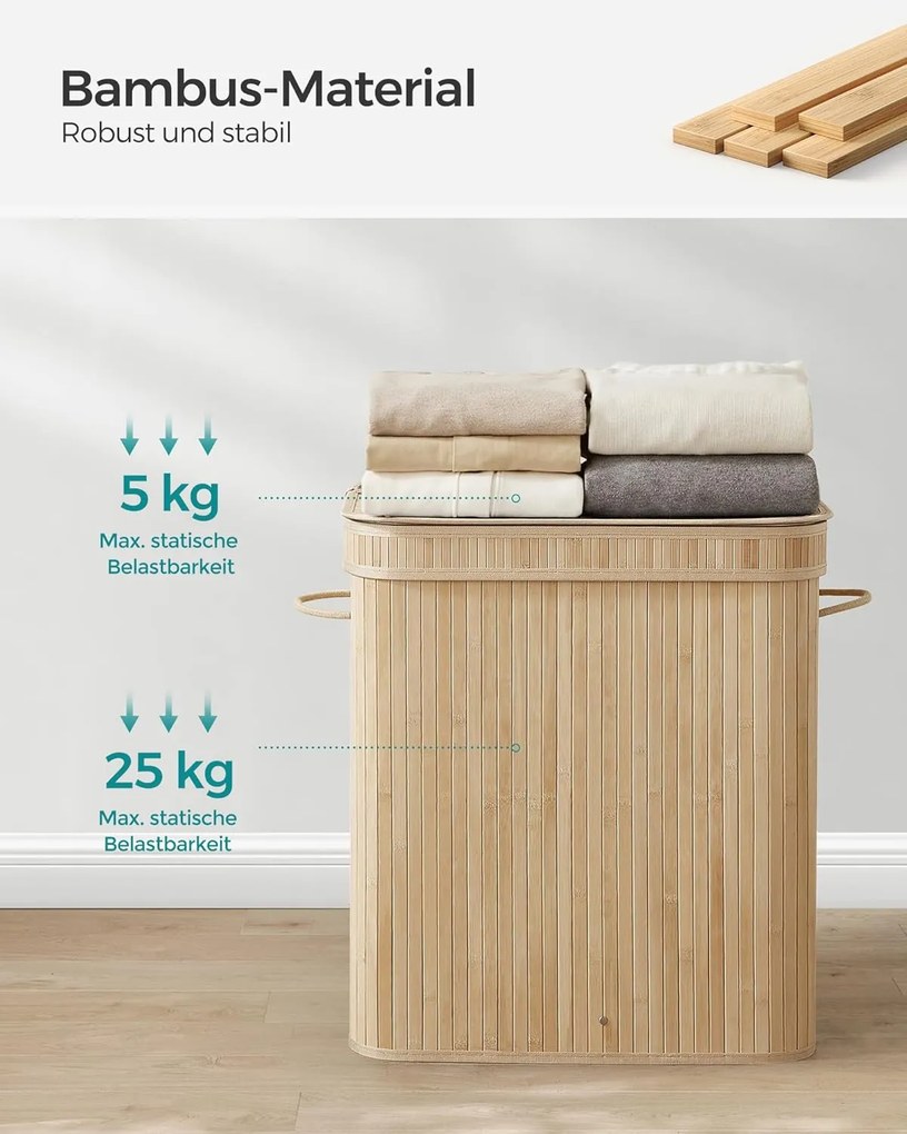 Ruháskosár fedéllel, 100 l-es bambusz szennyestartó