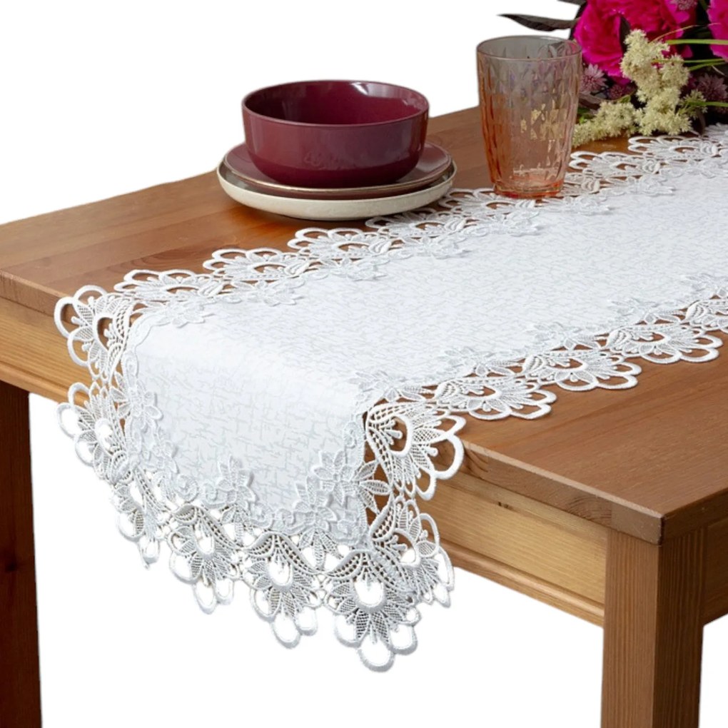 Asztali Hosszú Futópad Fehér Csipke 40x120 laufer gipiurával