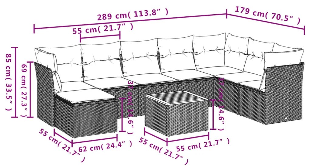 9 részes szürke polyrattan kerti ülőgarnitúra párnákkal