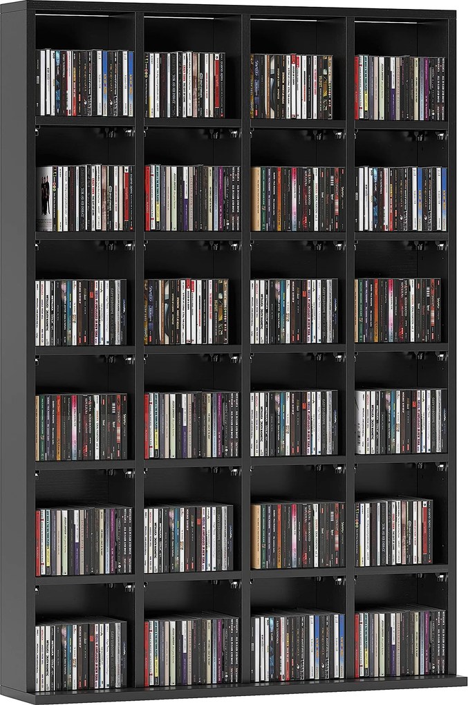 HOMCOM CD és DVD tároló, multimédiás tárolószekrény 24 rekesszel, max. kapacitás 480 CD/312 DVD, állítható polcokkal rendelkező fa könyvespolc, 89 x 2