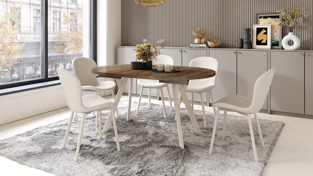 Mazzoni ALMO Elegáns Dió/bézs lábak - BŐVÍTHETŐ KEREK ASZTAL Y ALAKÚ LÁBAKKAL LOFT/IPARI STÍLUSÚ NAPPALIBA/ÉTKEZŐBE