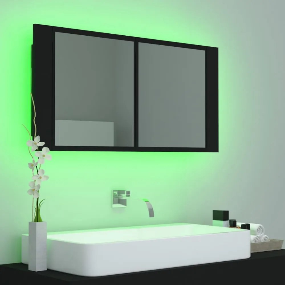 fekete akril LED-es fürdőszobaszekrény tükörrel 90x12x45 cm