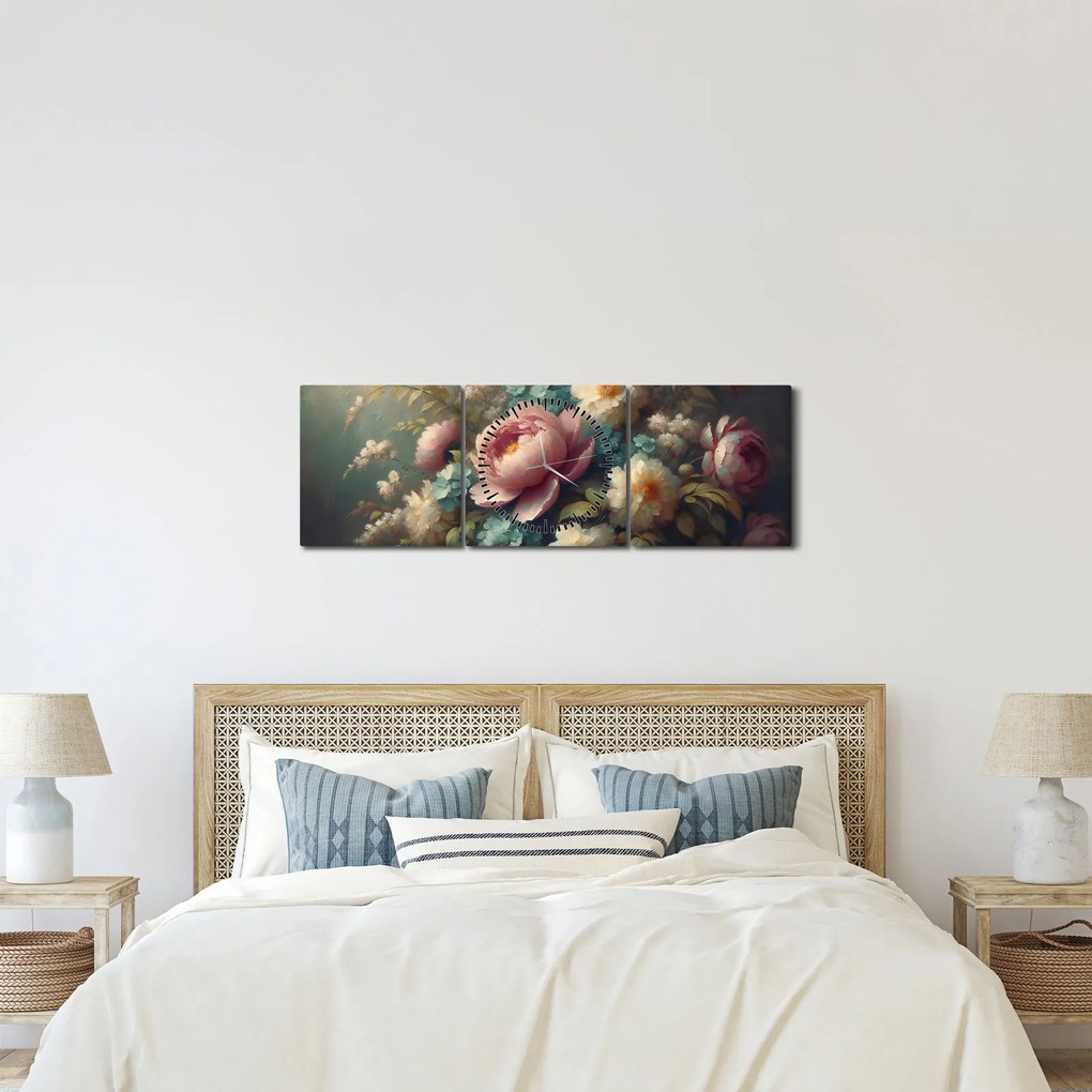 Kép - Természet csendélet virágokkal - festmény (órával) (90x30 cm)