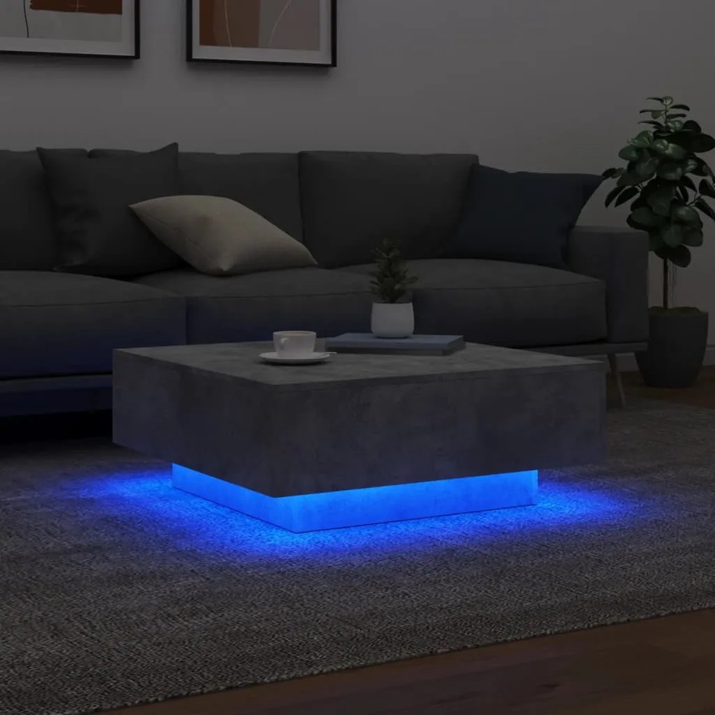 betonszürke dohányzóasztal LED-lámpákkal 80 x 8 0x 31 cm