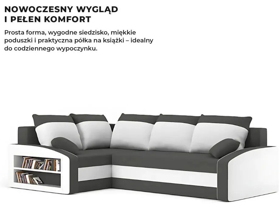 Grande sarokkanapé polcokkal , polc a bal karfaban, baloldali, szövet anyag, bonell töltet, szürke - fehér