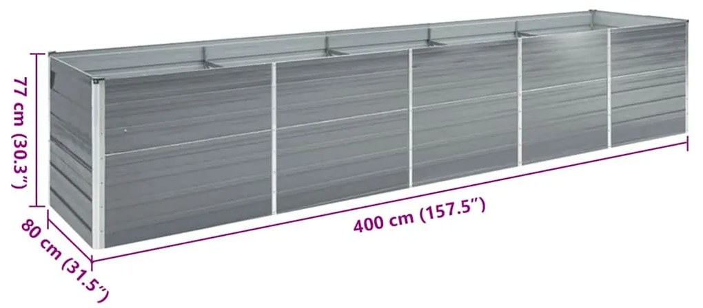 szürke horganyzott acél kerti magaságyás 400 x 80 x 77 cm