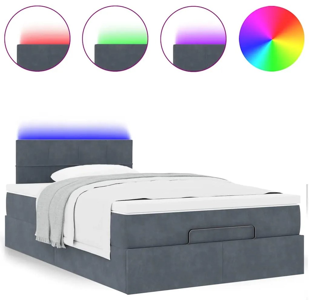 sötétszürke bársony ottomán ágy matraccal &amp; LED-ek 120x190cm