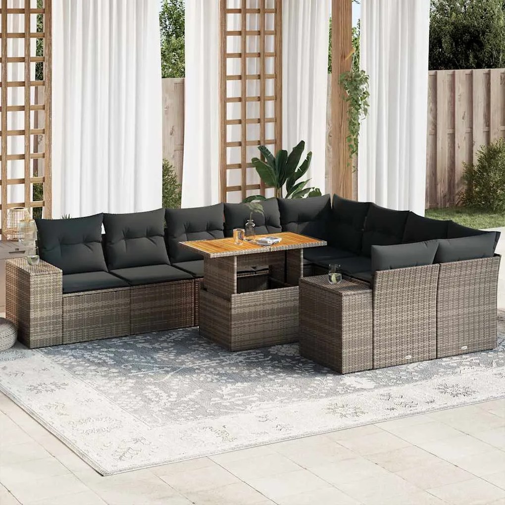 10 részes szürke polyrattan akácfa kerti ülőgarnitúra párnákkal