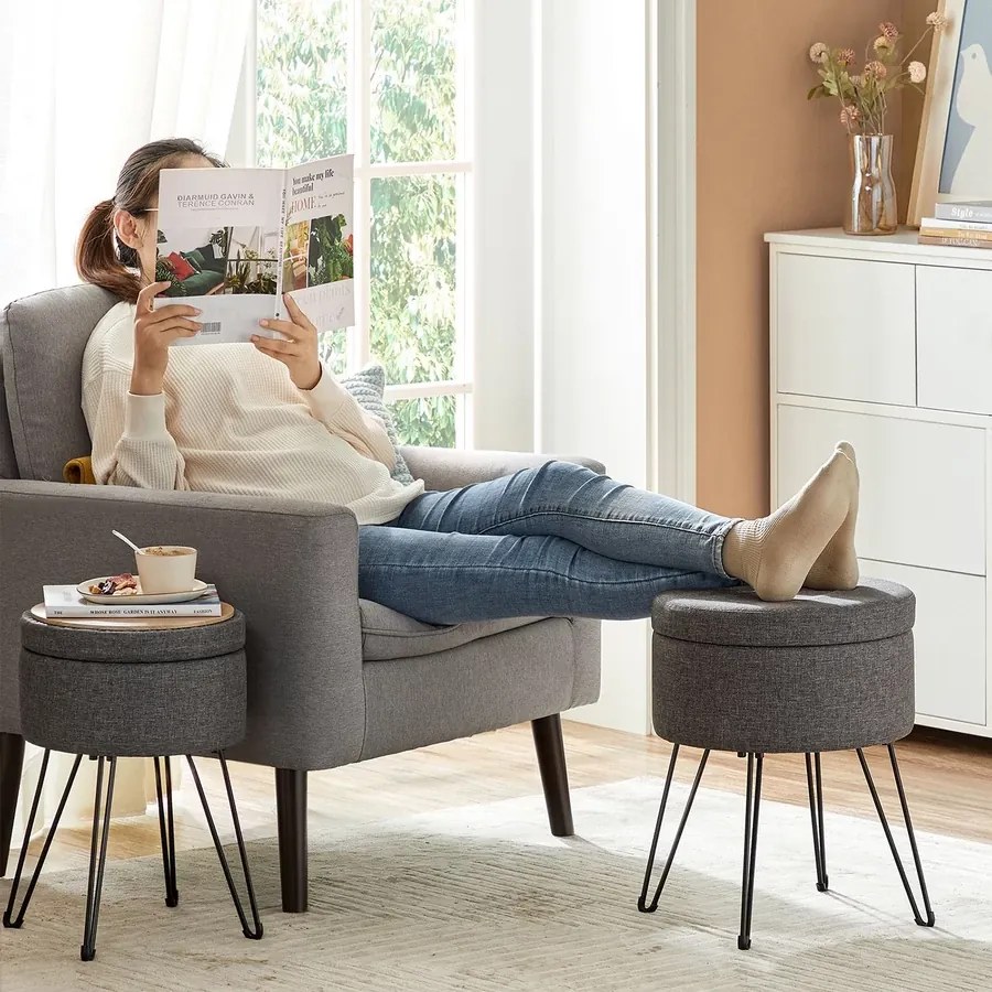 Puff, Kerek ülőke tárolóhellyel 31x43 cm ( (Ø x M), fém lábak, párnázott ülés, sötétszürke