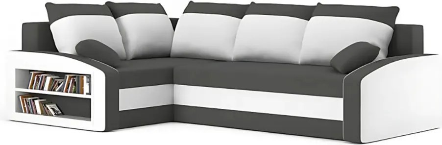 Grande sarokkanapé polcokkal , polc a bal karfaban, baloldali, szövet anyag, hab töltet, szürke - fehér