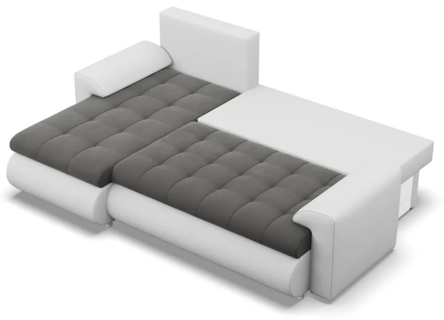 Tokio sarokkanapé, 2 ágyneműtartóval, bársony + műbőr, baloldali, szürke - fehér