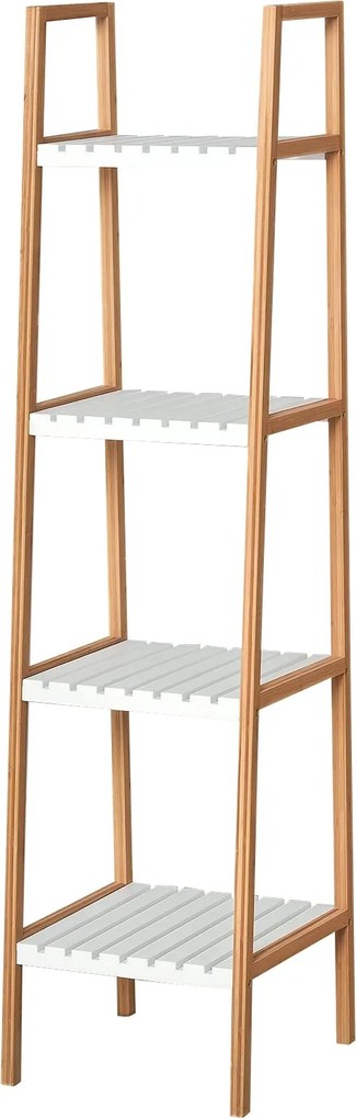Kleankin 4-Szintes Bambusz Létra Polc Multifunkcionális Tároló Bútor Fürdőszobába, Nappaliba, Konyhába 35x36x138,5 cm Fehér és Természetes | Aosom