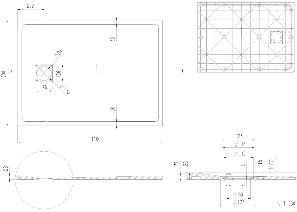 Erga Hyper, SMC zuhanytálca 110x80x2,6 cm + szifon, fehér matt, ERG-V06-SMC-8011S-WH