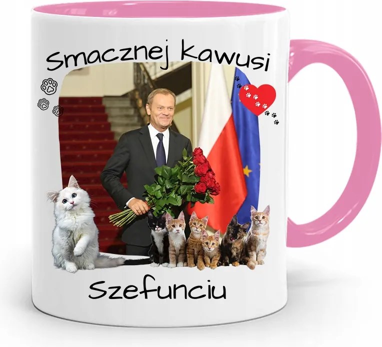 Donald Tusk Rózsaszín Bögre Platform Ajándék fényképes nyomtatással