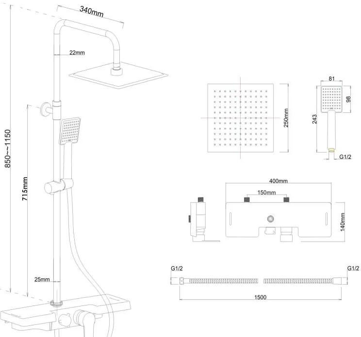 Erga Oslo, zuhanygarnitúra karos csapteleppel és polccal, króm, ERG-YKA-BP.OSLO-25-CHR