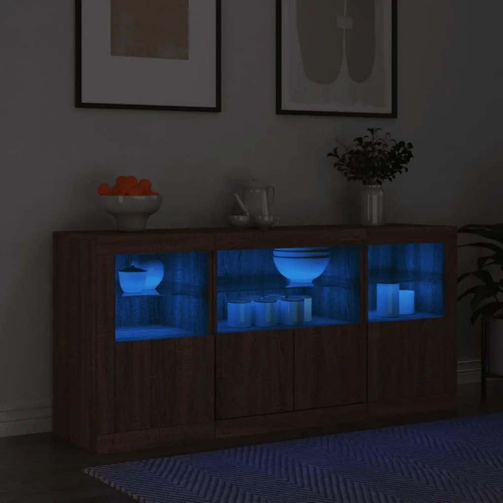barna tölgy színű tálalószekrény LED-ekkel 142,5 x 37 x 67 cm