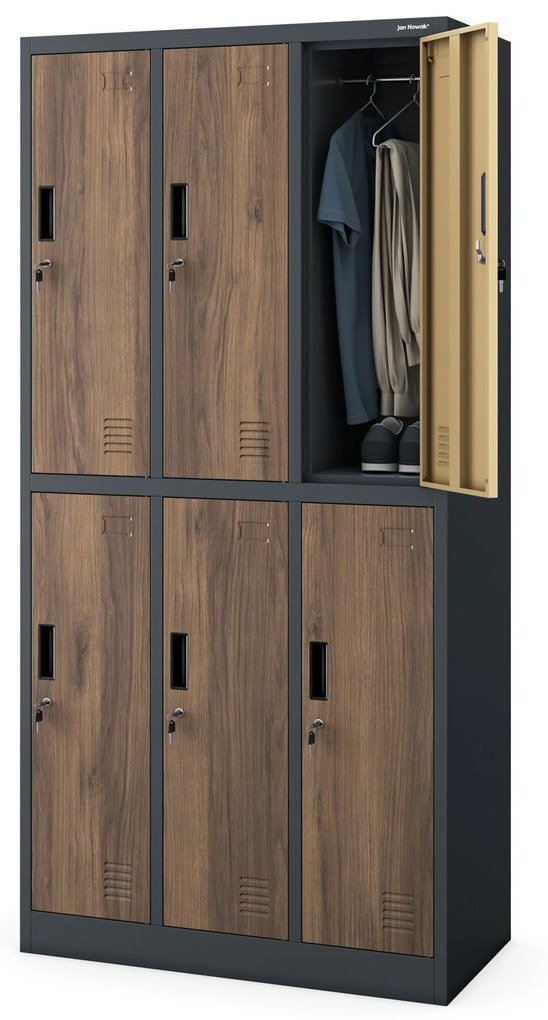 Fém öltözőszekrény 6 rekeszes IGOR, 900 x 1850 x 450 mm, Eco Design: antracit/ dió