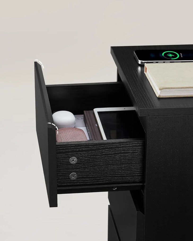 Éjjeliszekrény 2 darabos szett, 2 hálózati aljzattal és 2 usb-porttal, fekete színben