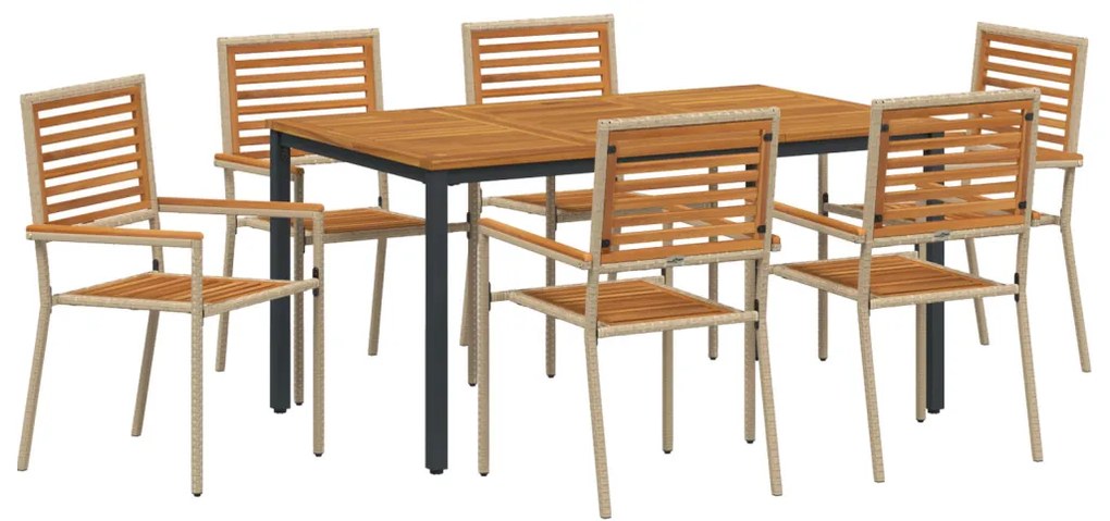 7 darabos kerti étkező szett Bézs poli rattan akácia, Egymásra rakható kerti szék párnákkal - 2 darabos készlet Bézs poli rattanban, Kerti asztal 150x90x75 cm Szilárd akácia fa és fém
