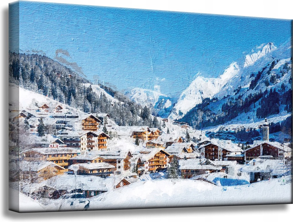 Vászonkép Hófalu a hegyek között Tél 60x40 cm Ideális ajándék