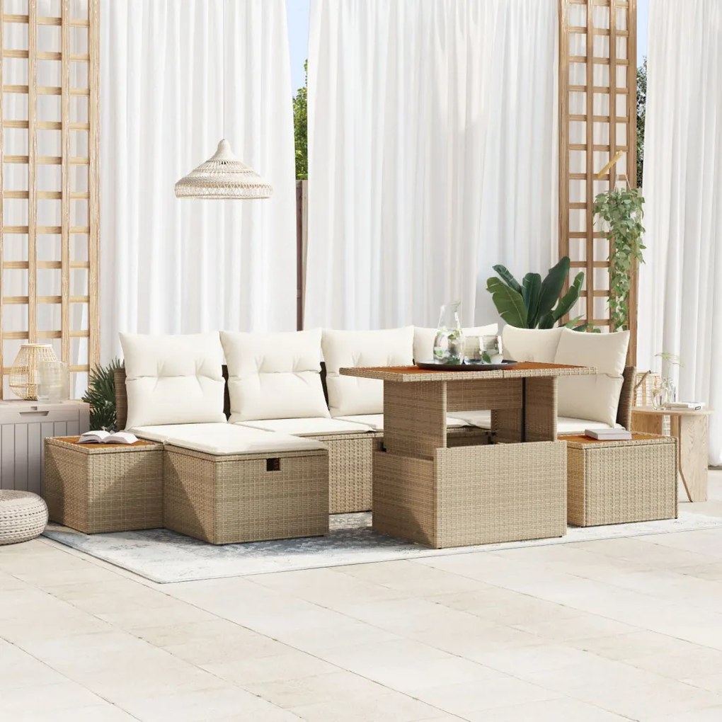 7 Darabos Kert Sofa Szett Párnákkal Bézs Poli Rattan