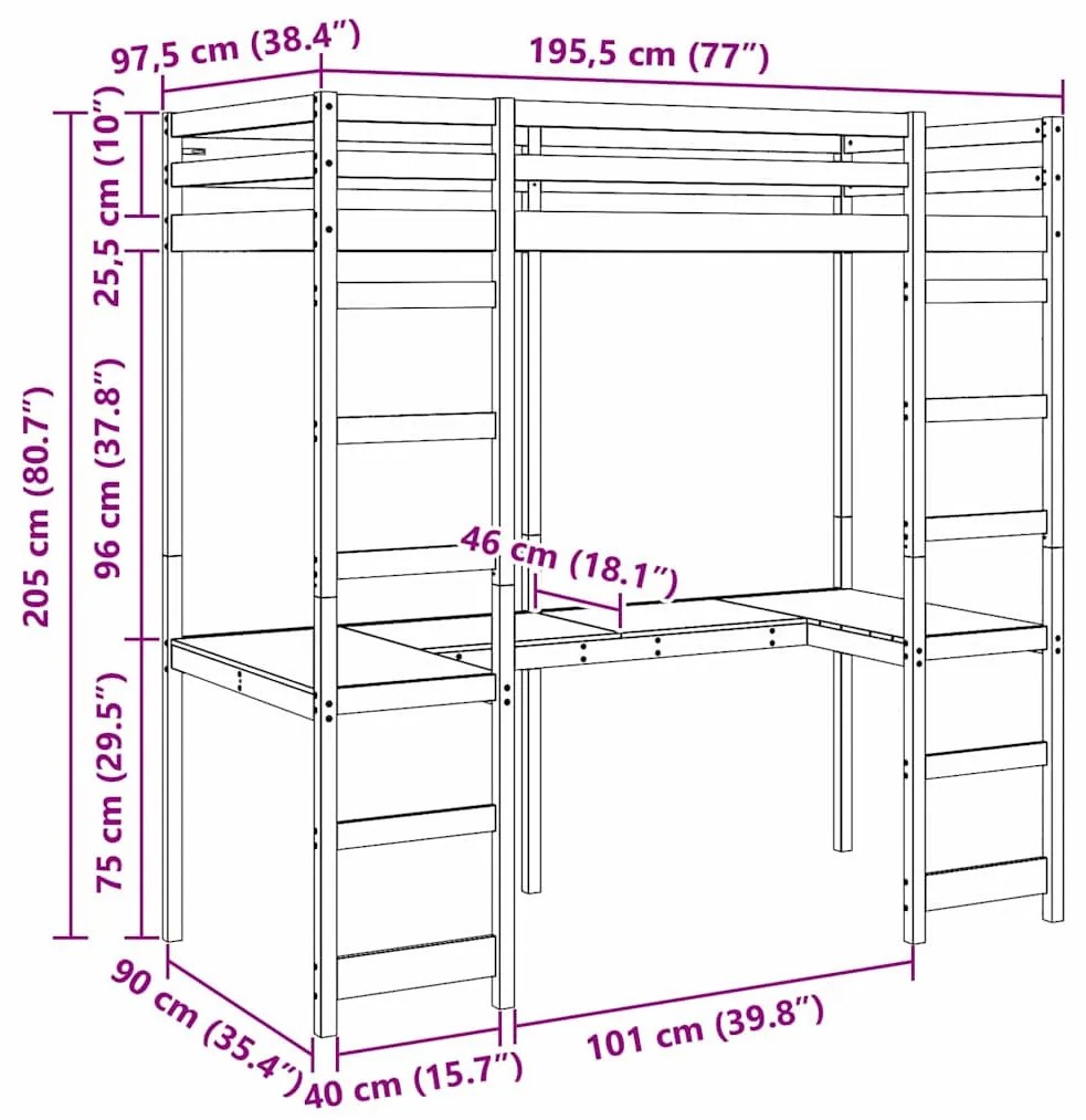 vidaXL Tetőtéri ágykeret Fehér 90 x 190 cm Tömör fenyőfa