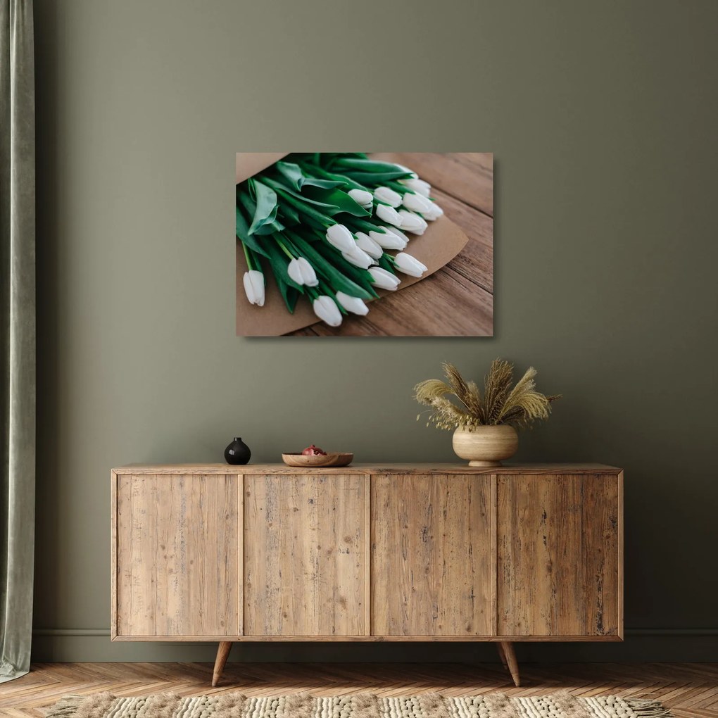 Egy csokor fehér tulipán képe (üvegen) (70x50 cm)