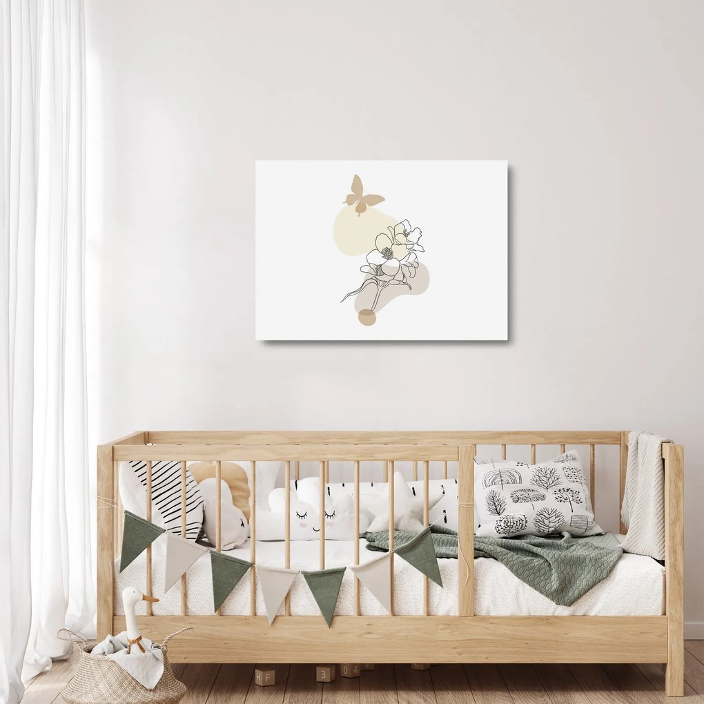 Üveg kép - Bézs virágok pillangóval N⁰3 (70x50 cm)