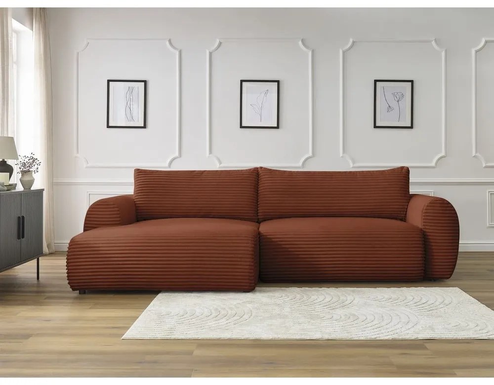 Téglavörös kordbársony kinyitható sarokkanapé (bal oldali) Lucien – Bobochic Paris