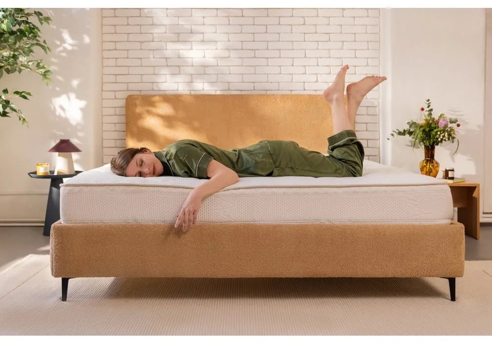 Mustársárga kárpitozott franciaágy ágyráccsal 160x200 cm Noira Slim – Bonami Selection