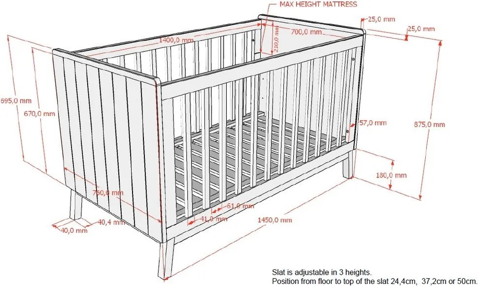 Bézs borovi fenyő babaágy levehető oldallal-állítható magassággal 70x140 cm Sezane – Vipack