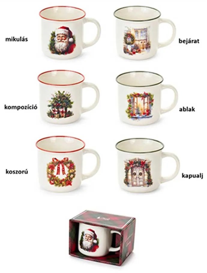 Karácsonyi mintás Porcelán bögre 6 féle skótkockás dobozban / Mikulás