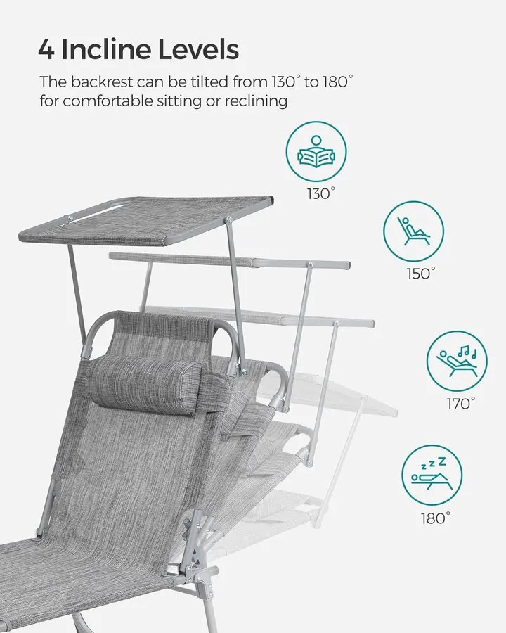 Összecsukható napozóágy napellenzővel 53 x 193 x 29,5 cm, 150 kg-ig terhelhető