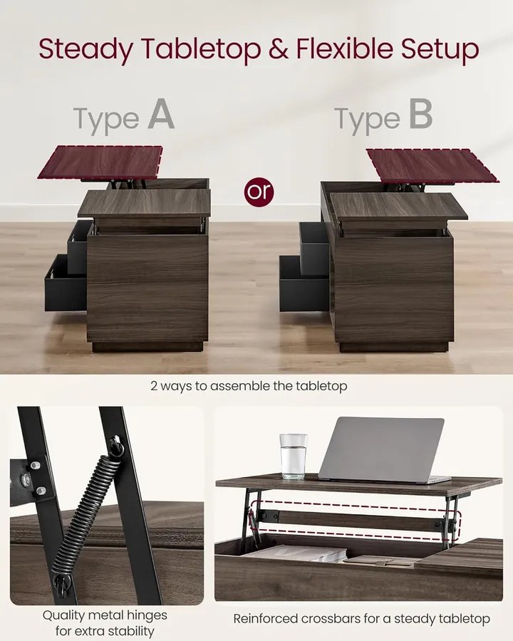 Dohányzóasztal, felemelhető asztallapos dohányzóasztal 2 fiókkal és rejtett rekesszel, hamvasbarna