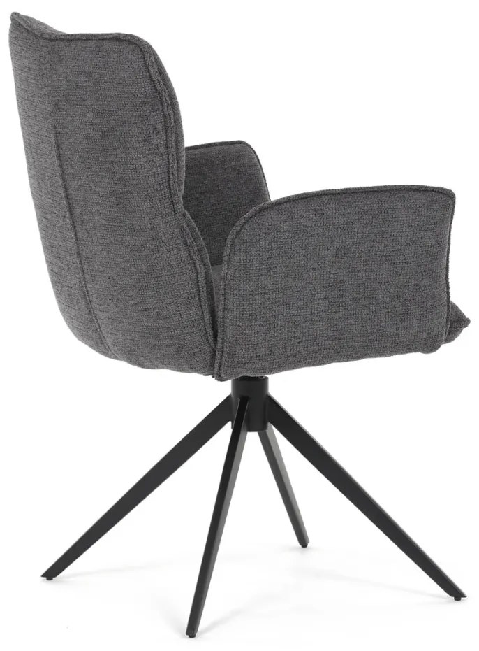 Scaun de dining rotativ, tapițat cu material textil gri, mecanism rotativ 360°, picioare metalice negre