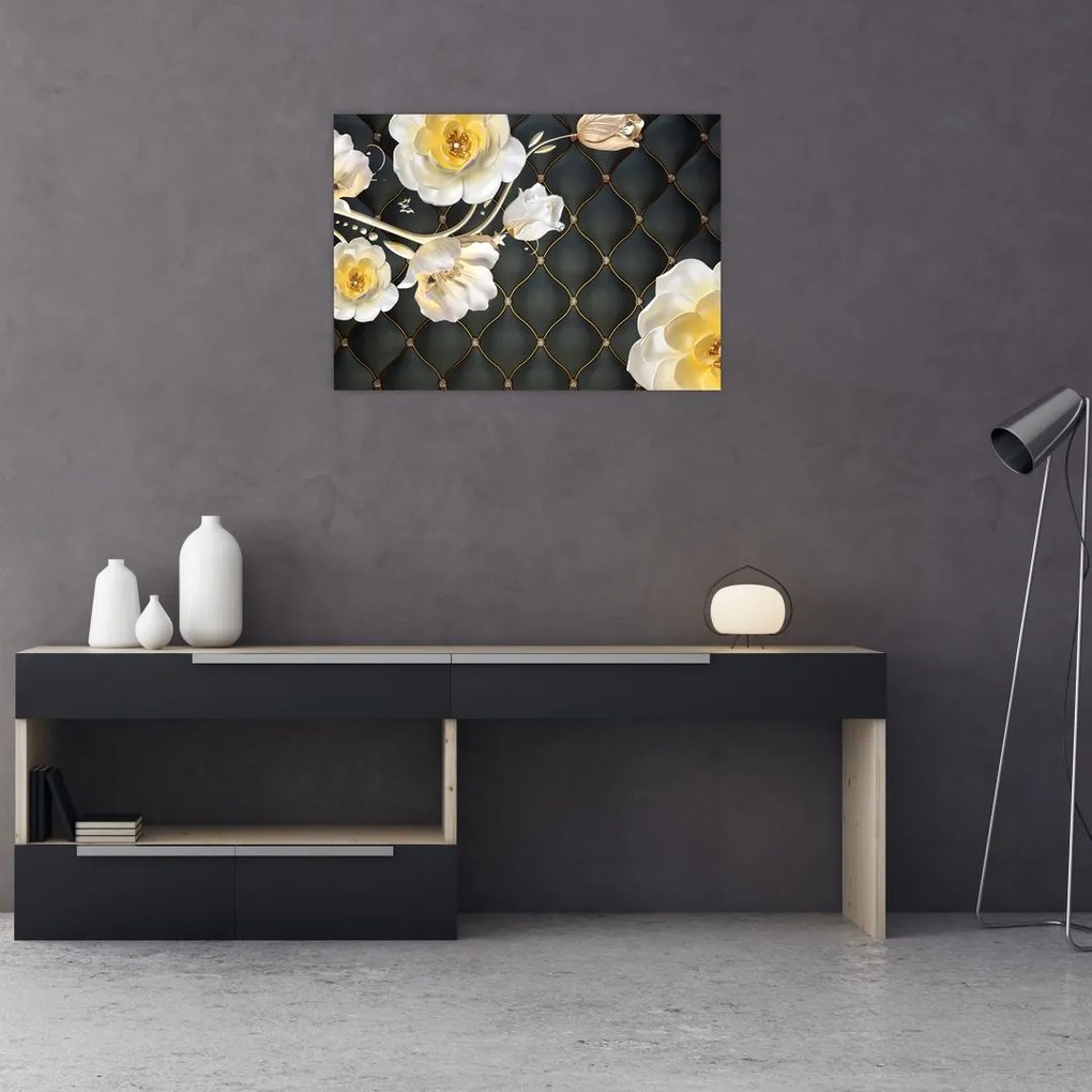 Fehér rózsa virágok képe (üvegen) (70x50 cm)