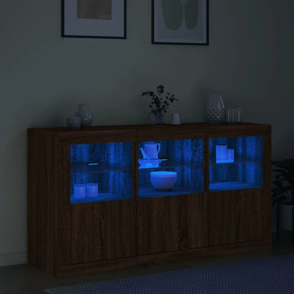 barna tölgy színű tálalószekrény LED-ekkel 123 x 37 x 67 cm