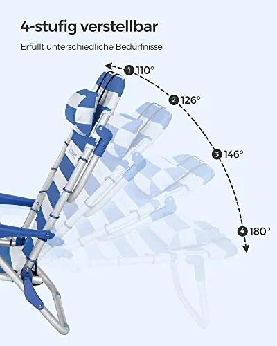 Strandszék, összecsukható , hordozható kültéri szék, állítható háttámlával, kék és fehér