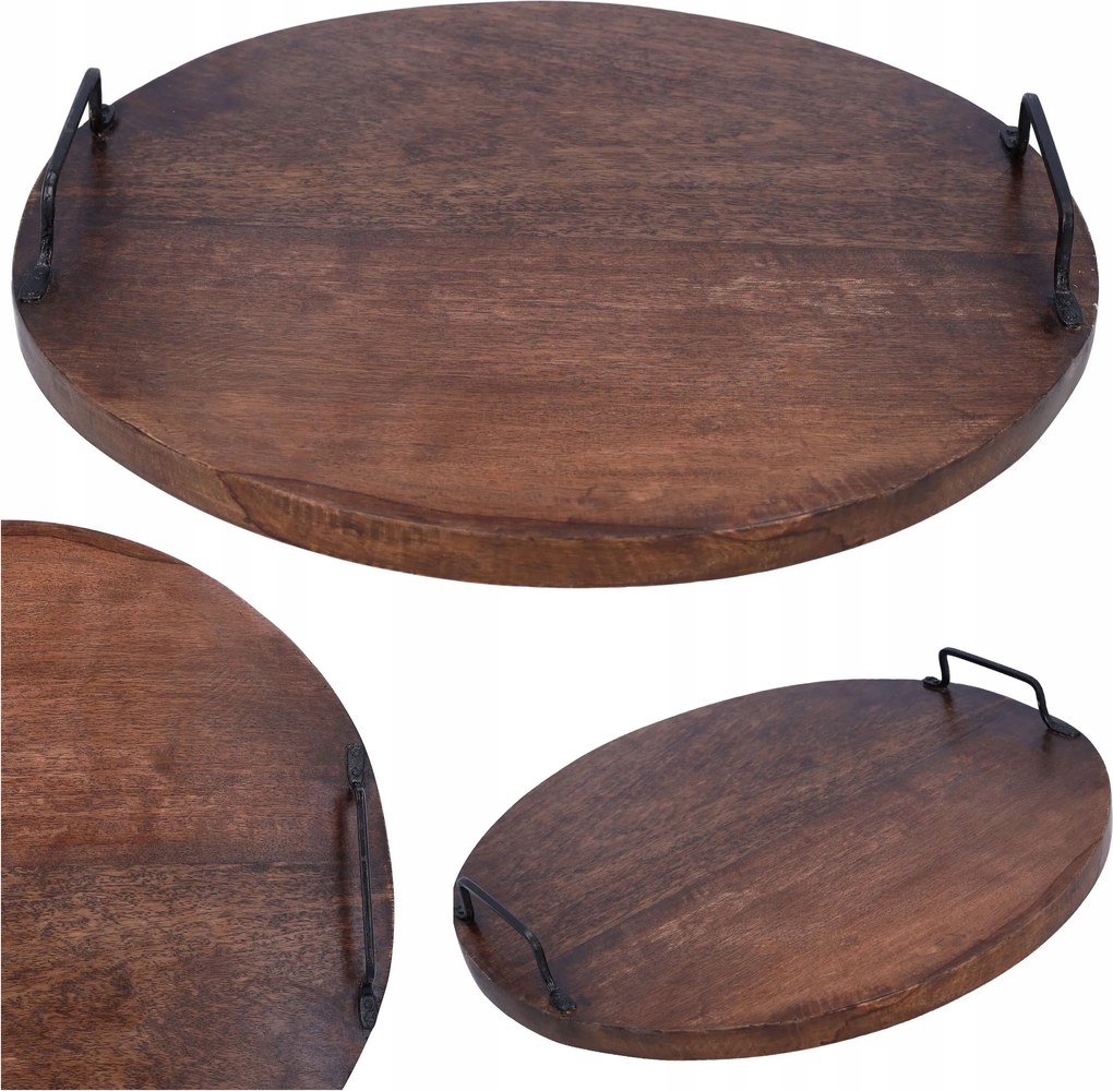 Fából Készült Tálca kerek 39cm, fém fogantyúkkal a snackek tálalásához