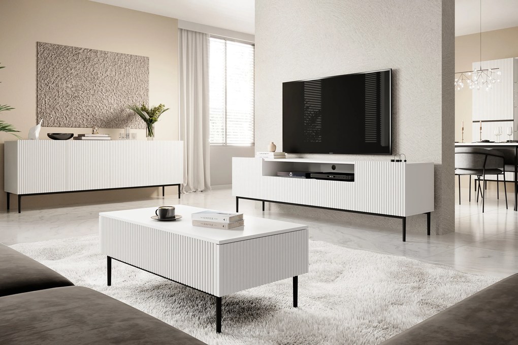 Nicole komód 200 cm négyajtós, mart előlapos - matt fehér / fekete lábak