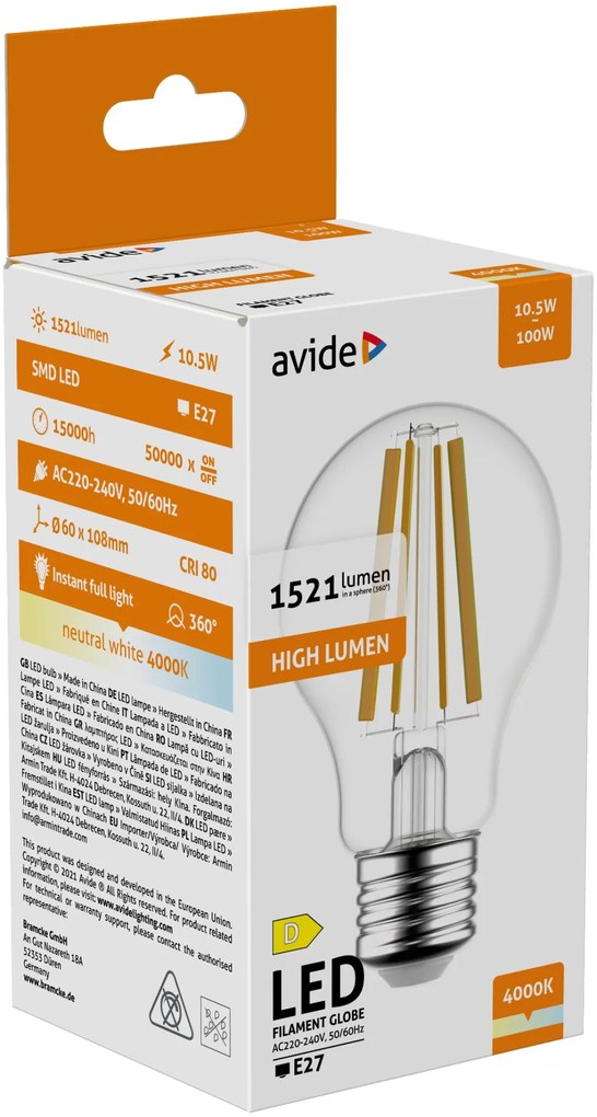 Avide LED Filament Globe 10.5W E27 A60 NW 4000K High Lumen