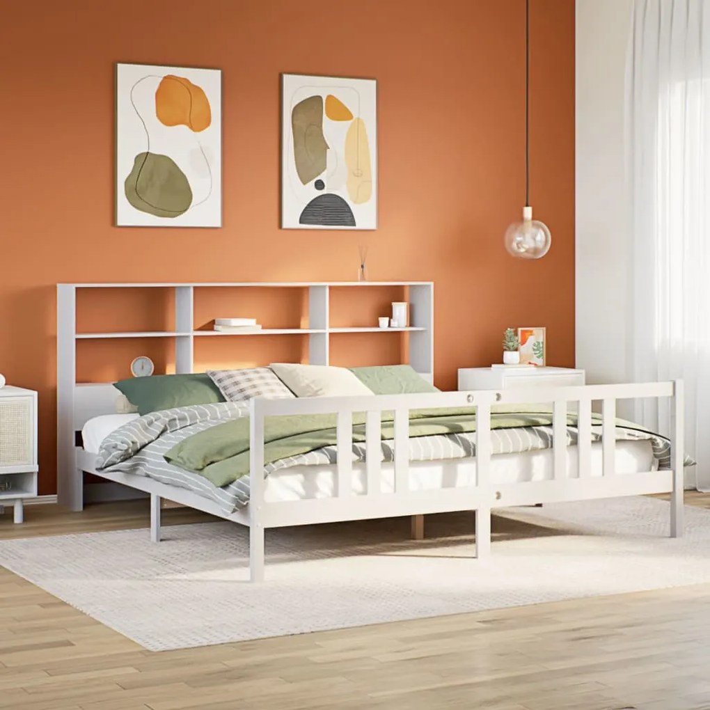 fehér tömör fenyőfa könyvespolcos ágy matrac nélkül 200x200 cm