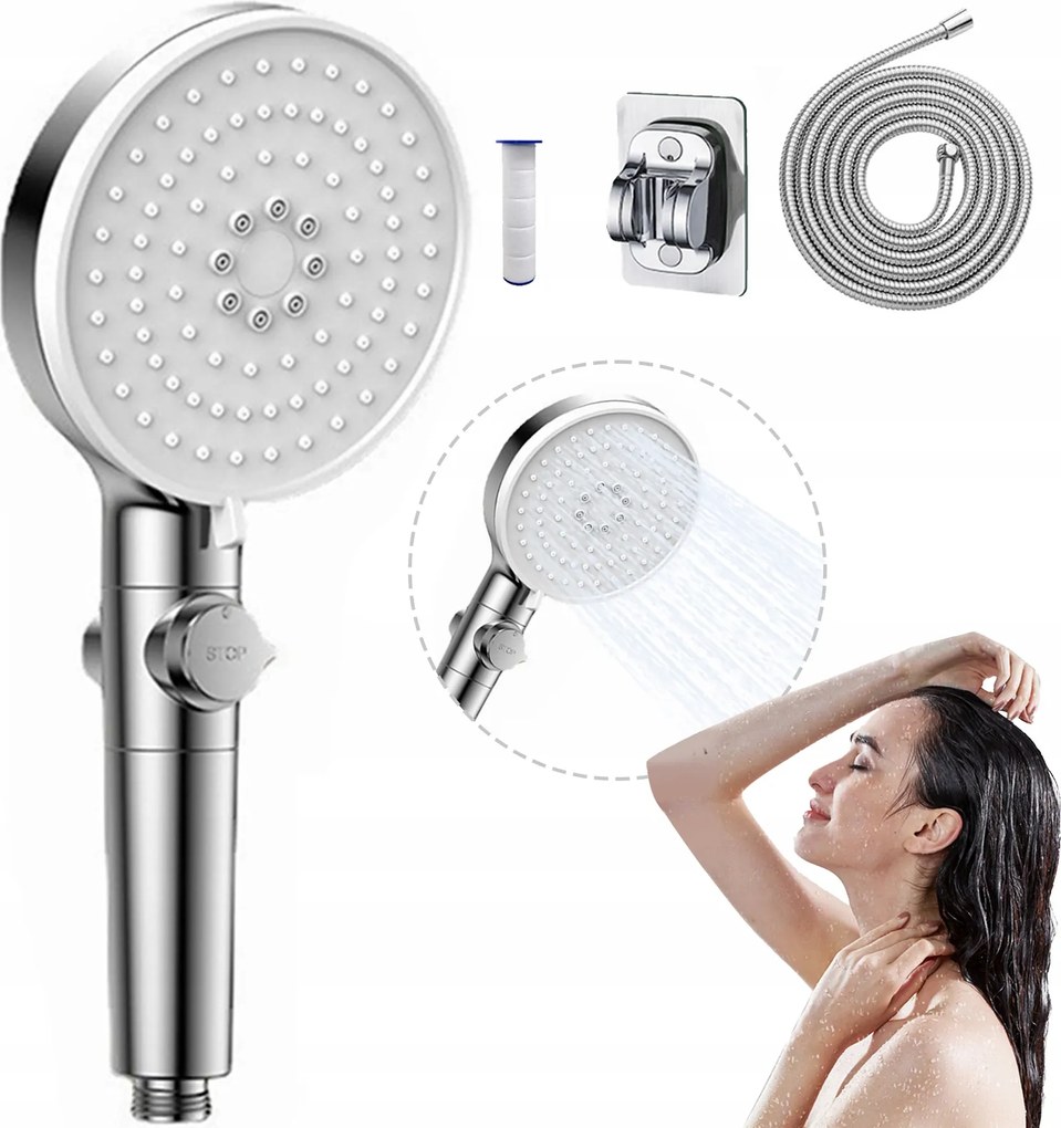 Kézi Zuhanyfej Nagy Nyomással, Víztakarékos Zuhanyszett, Ezüst