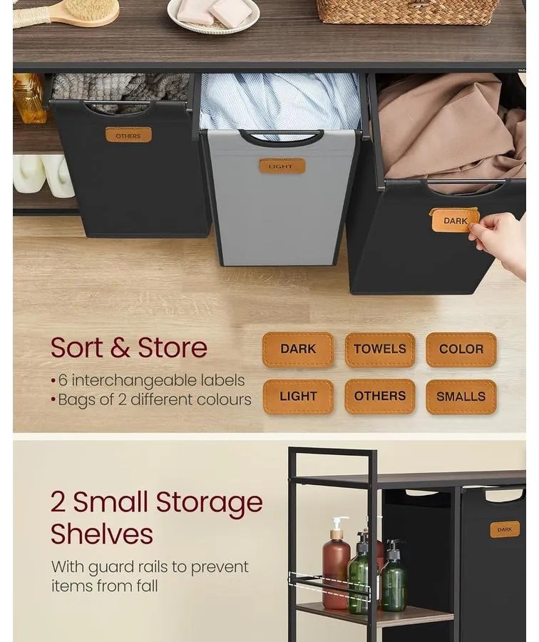 Szennyestartó 3 rekesszel, 150 L-es szennyesválogató fekete és szürke színben