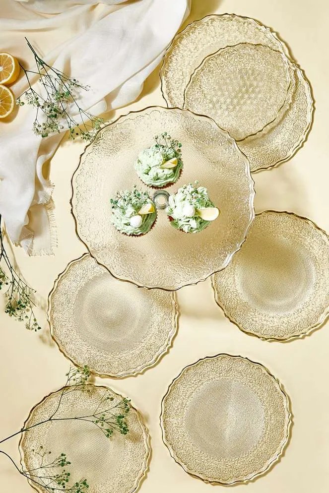 7 részes üveg desszerttányér készlet állvánnyal