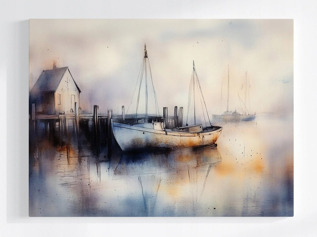 Vászonkép Canvas Tájkép Víz Móló Kikötő Hajók Köd 80x60