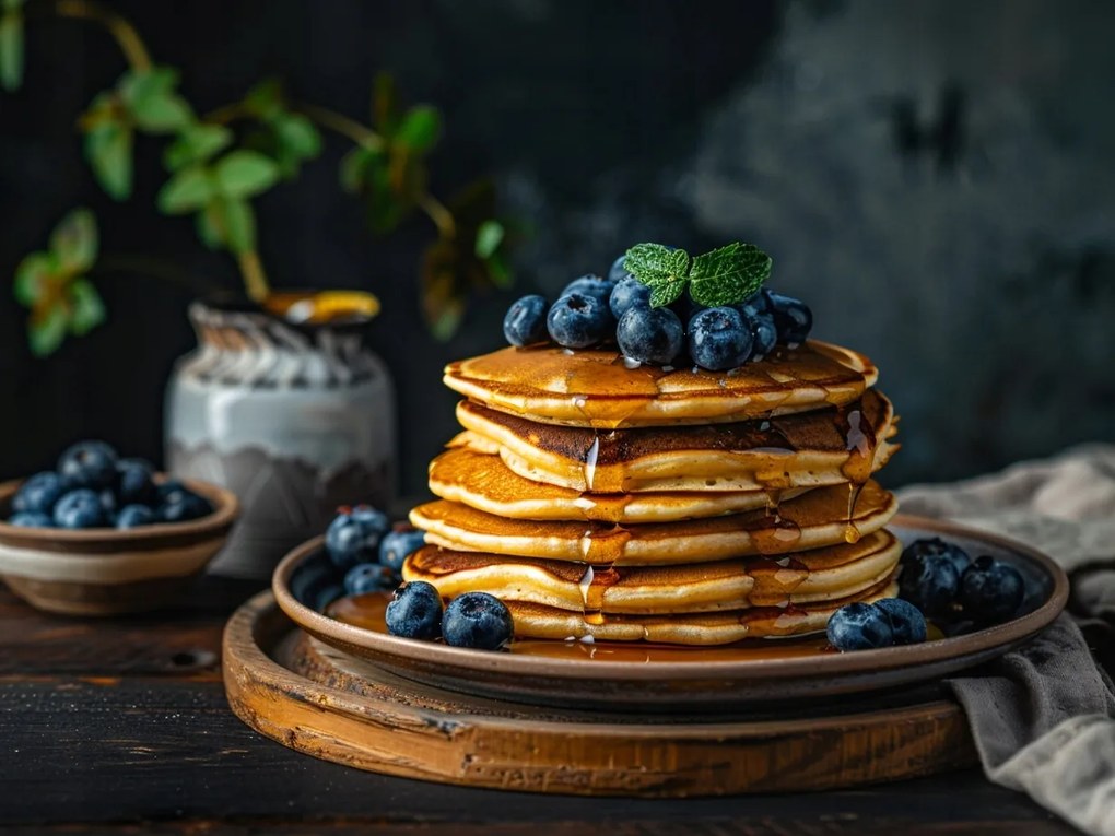 Vászonkép Canvas Kulinária Étel Palacsinta Pancake Áfonya 100x75