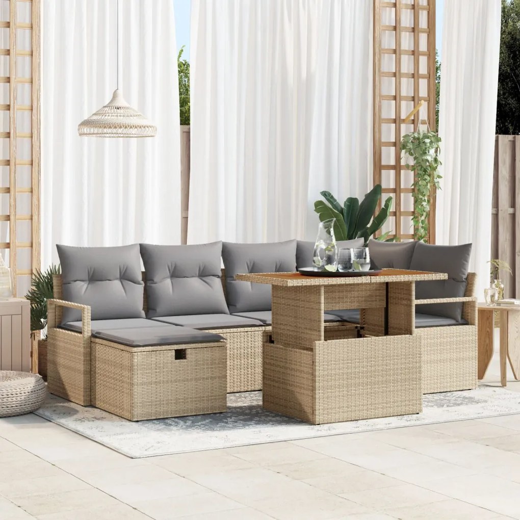 7 Darabos Kerti Sofa Készlet Párnákkal Bézs Poli Rattan, 2 Személyes Kerti Sofa Párnákkal Bézs Poli Rattan