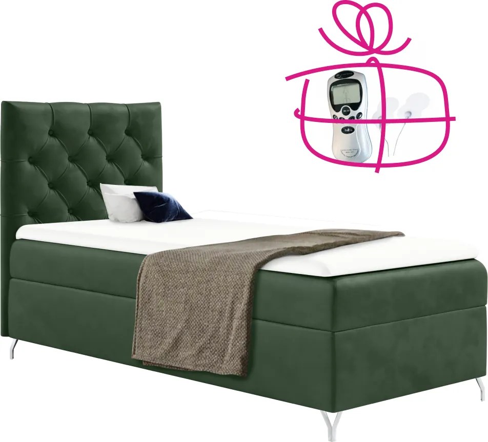 Boxspring ágy, 90x200, zöld Velvet szövet, balos, GULIETTE + ajándék