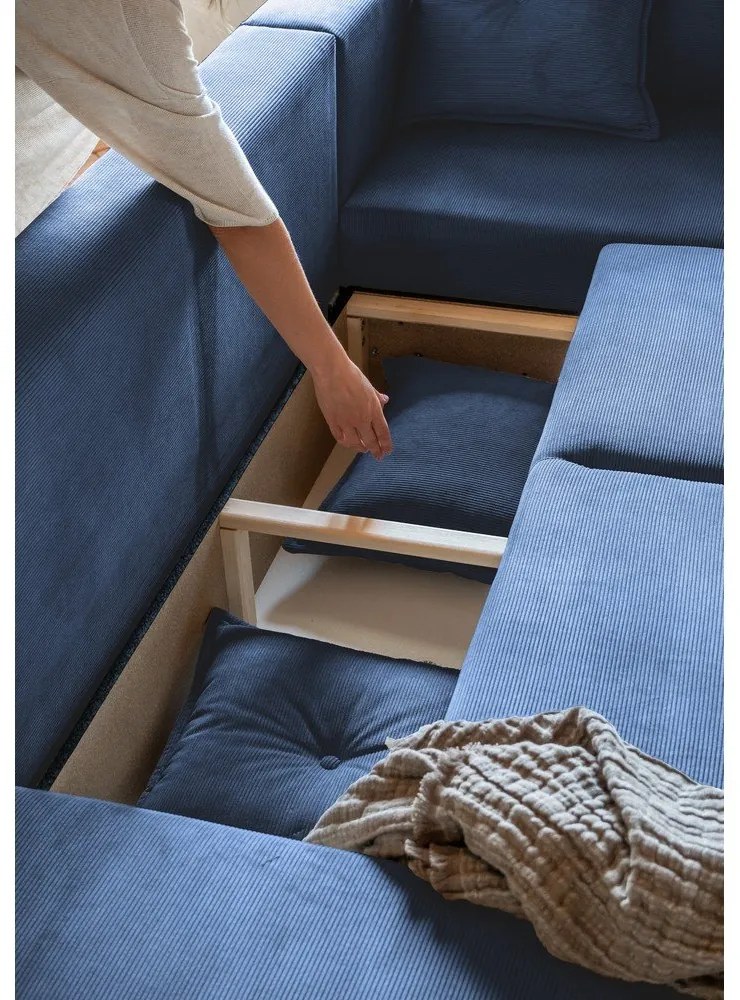 Sötétkék kordbársony kinyitható sarokkanapé (jobb oldali-U alakú) Lazy Lukka – Miuform